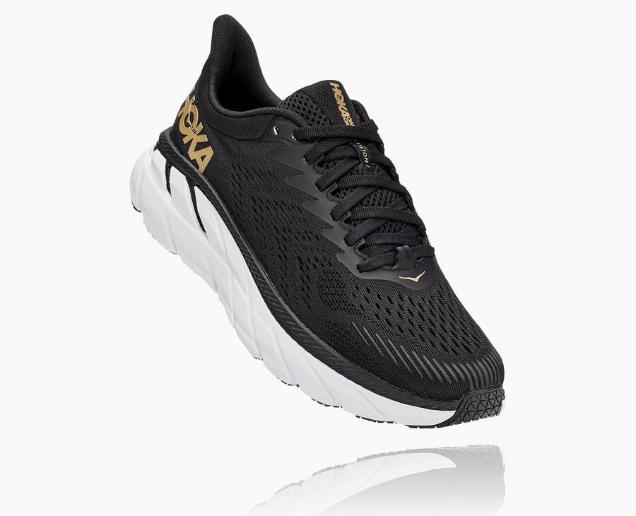 Hoka One One Womens Running Shoes - Clifton 7 - Black/White - LDEN43257